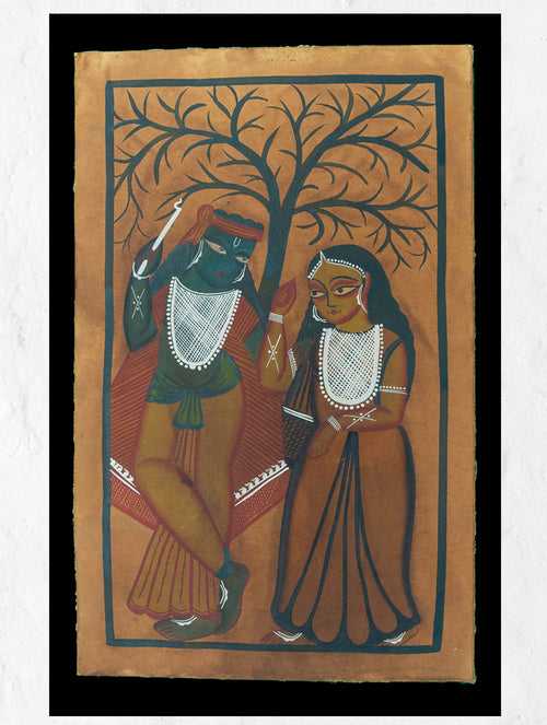 Kalighat Painting With Mount - Krishna & Radha