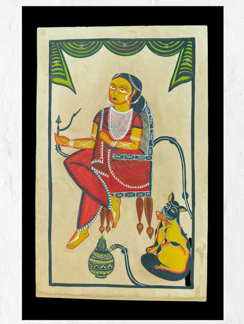 Kalighat Painting With Mount - Lady & Hookah