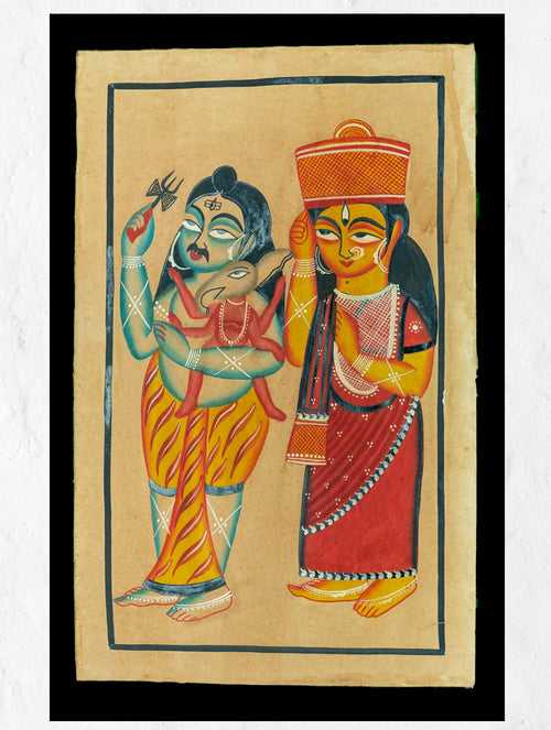 Kalighat Painting With Mount - Shiva Parvati