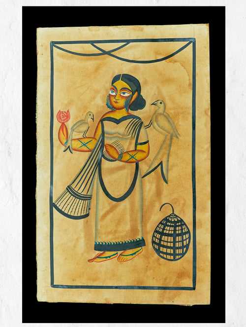 Kalighat Painting With Mount - Woman & Birds