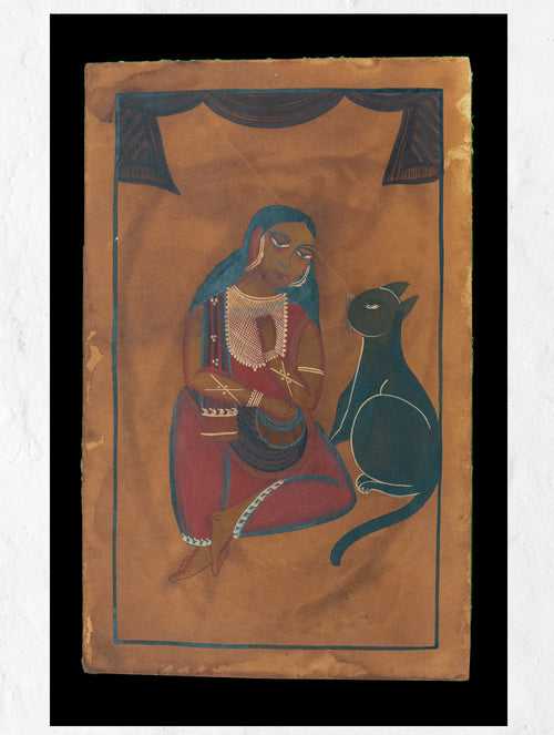 Kalighat Painting With Mount - Woman & Cat