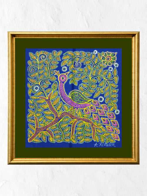Rogan Art Painting with Frame - Colourful Peacock
