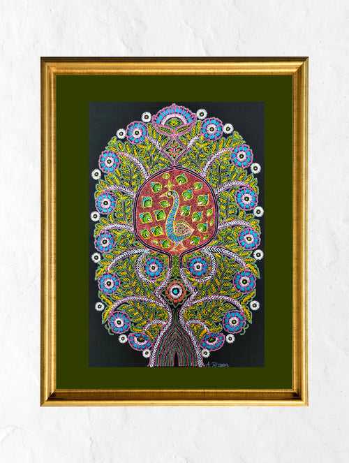Rogan Art Painting with Frame - Peacock on a Tree