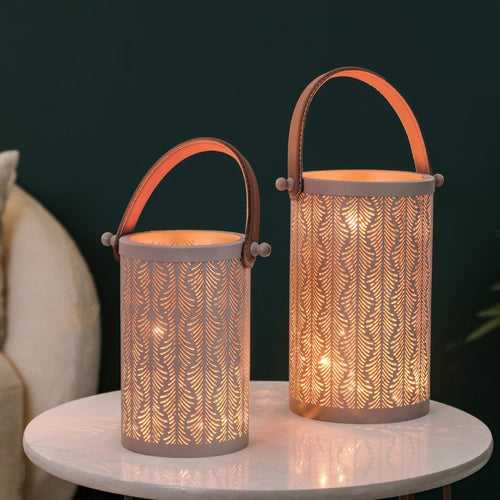 Modern Matte Beige Leaf Cutwork Metal Lantern Set Of 2