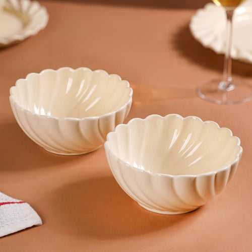 Vanilla White Scallop Luxury Serving Bowls Set Of 2 850ml