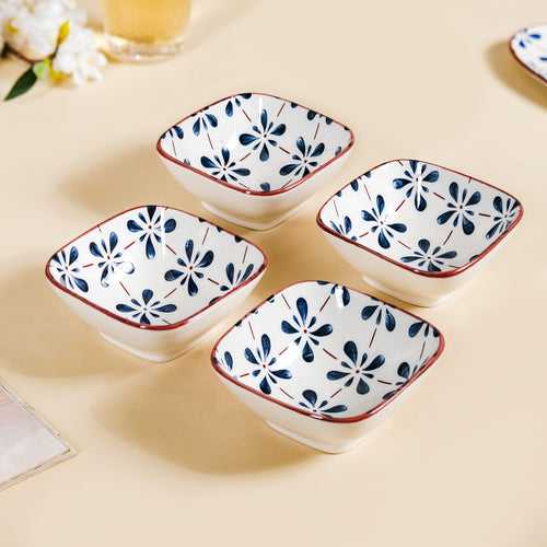 Floral Square Ceramic Bowls Set Of 4 Blue 300ml