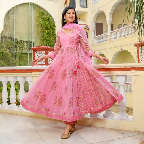 Romantic Pink Double Layer Angrakha Anarkali