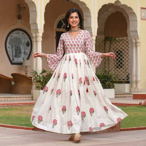 Milky White Flora Romance Angrakha Dress