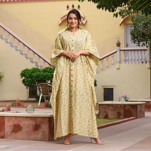 Pale Yellow Green Jaal Print Kaftan Dress