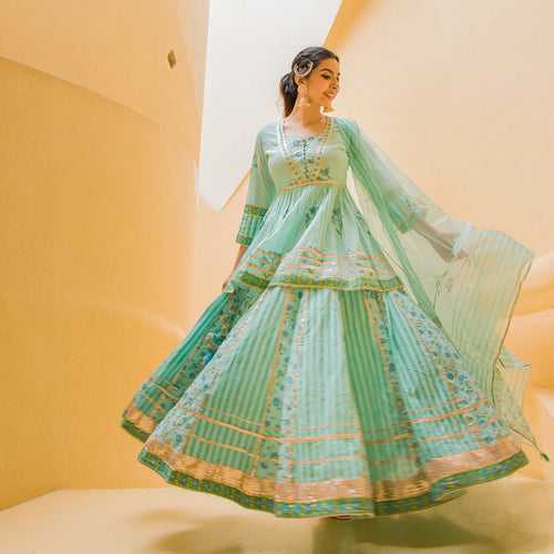 MINT BLUE PASTEL PRINCESS HANDBLOCK LEHENGA