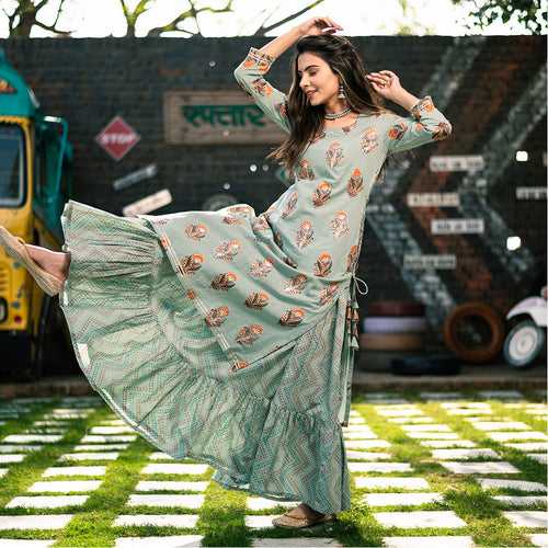 SAGE GREEN MIRROR EMBELLISHED KURTA DRESS