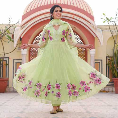 Sunset Pastel Green Hand Painted Anarkali