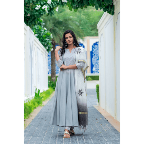 Grey Kurta Set With Hand Painted Dupatta