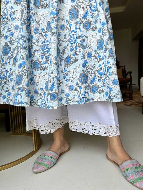 A pure cotton palazzos with beautiful Cutwork embroidery and a pocket.
