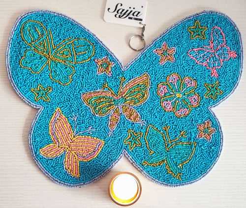 Sajja Playful Bright Blue Butterfly Beaded Table Mat