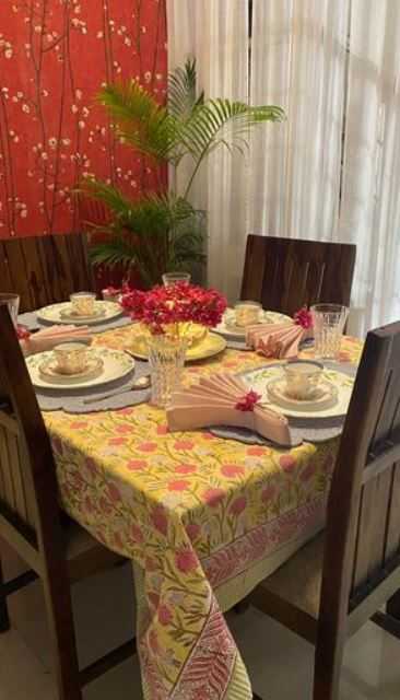 Jaipuri Handblock Cotton Table Cover Yellow Pink