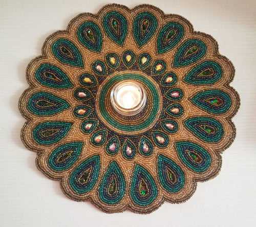 Designer Royal Peacock Feather Gold Green  Blue Round Beads Placemat