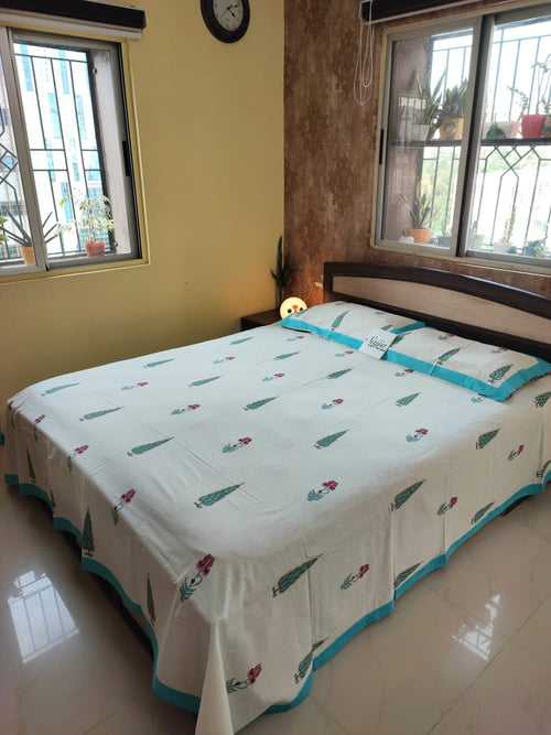 Sajja Hand Block Printed Bedsheet | Pure Cotton | Double Bed Queen Size 90"x108" | 210 TC Bedsheets | Includes 2 Pillow Covers