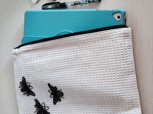 Embroidered Waffle Cotton Multi Purpose Pouch Cosmetic Bag Pencil Pouch Clutch Bag iPad pouch