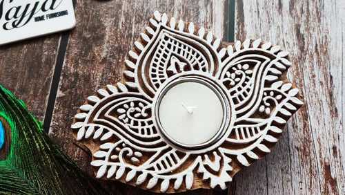 Kamal Wooden Engraved Tea Light Holder | Handcrafted Diya | 1 piece | Indian Festival Diya