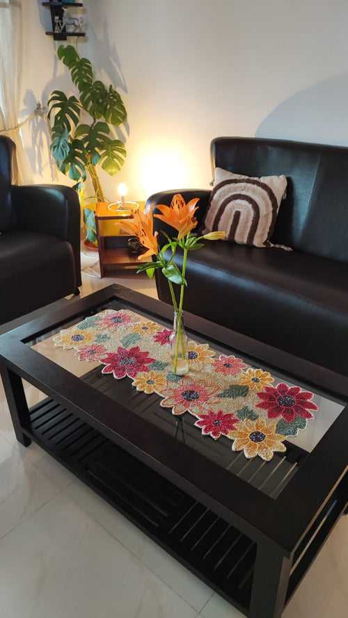 Multicolour Floral Beaded Table Runner With Golden Base