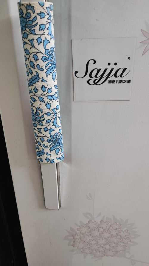 Sajja Floral Cotton Cloth Blue White Fridge Handle Covers (Pair)