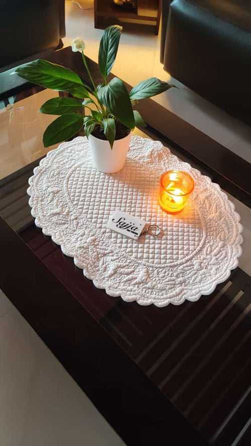Ivory Embossed Floral Trellis Cotton Oval Table Fabric Place mat