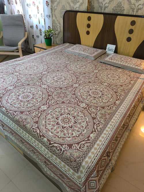 Royal Hand block Mandala Brown Queen Pure Cotton Double Bedsheet |Smaller King