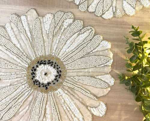 Designer White Handcrafted Floral Round Beads Placemat Table Mat