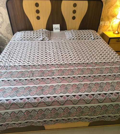 Designer Premium Cotton Double Bedsheet King 9f x 9f Ash Grey Red Multicolour