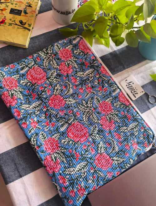 Blue & Pink Floral Jaal Hand Blockprinted Laptop Sleeve | Sajja