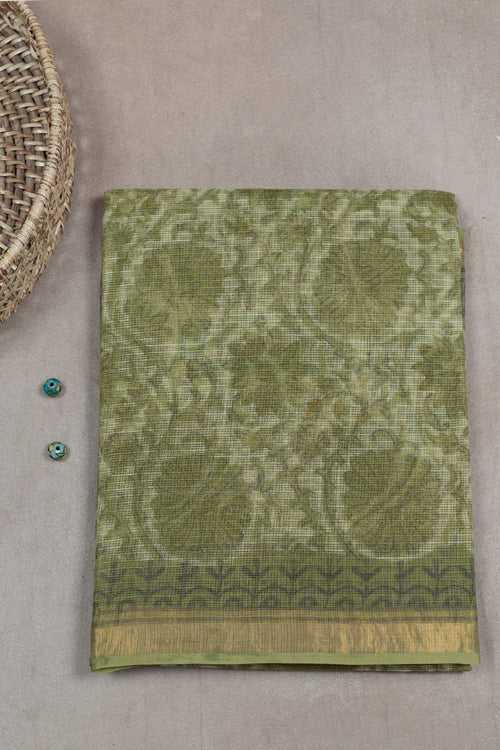 Green Floral Block Printed Kota Cotton saree