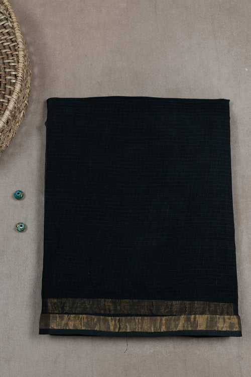 Jet Black Plain with Pallu Block Printed Kota Cotton saree