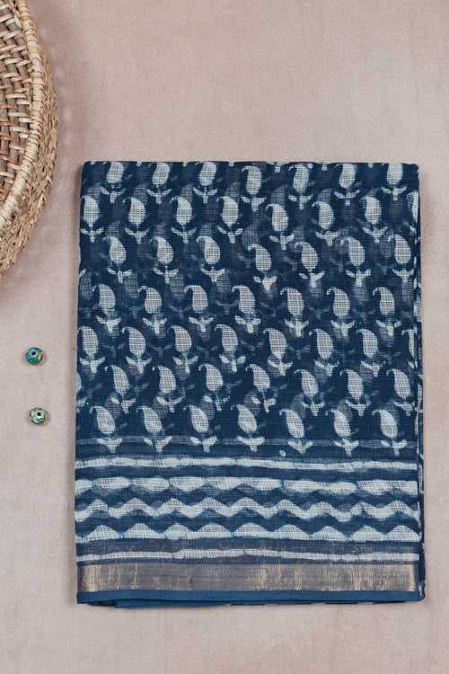 Indigo with Paisley Butta Block Printed Kota Cotton saree