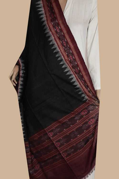 Black with Maroon Border Orissa Ikat Cotton Dupatta