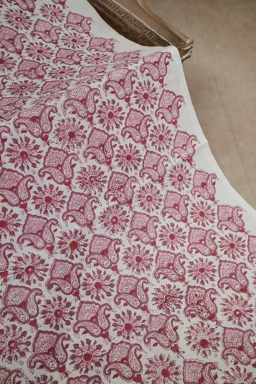Pink Motifs on Cream Sanganeri Cotton Fabric