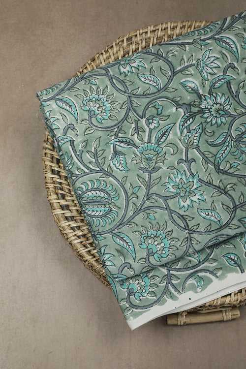 Greyish Green Garden Sanganeri Cotton Fabric