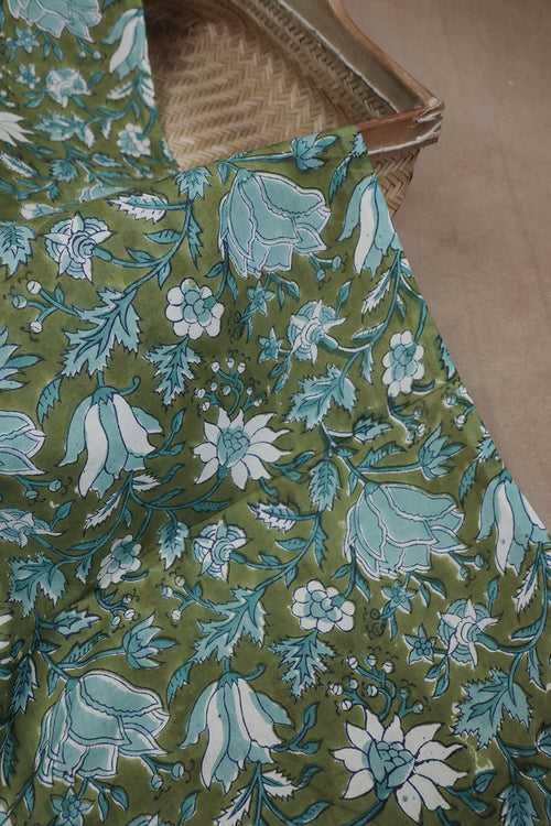 Ditzy Floral on Green Sanganeri Cotton Fabric