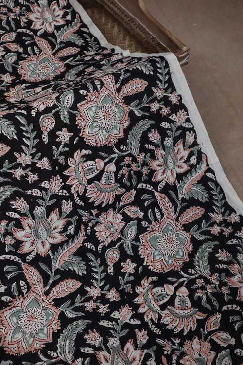 Florals on Black Garden Sanganeri Cotton Fabric