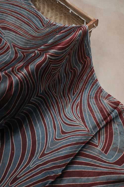 Blue Waves on Maroon Block Printed Modal Silk Fabric