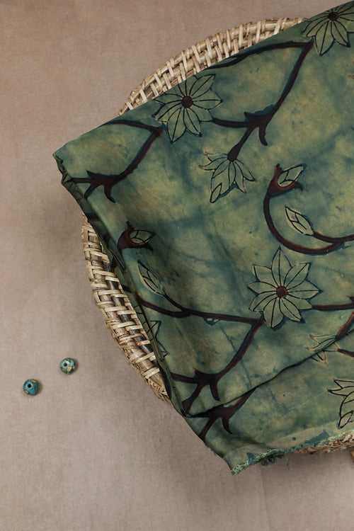 Subdued Faded Green Block Printed Modal Silk Fabric