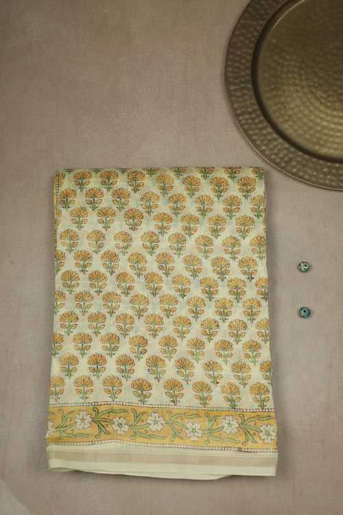Yellow Florets Block Printed Silk Cotton Saree