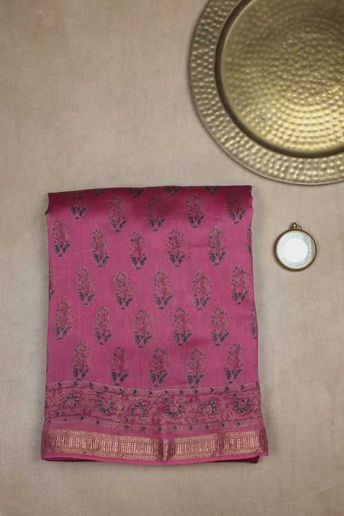 Magenta Pink Block Printed Chanderi Saree