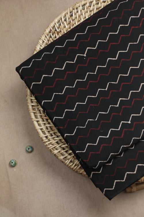 Zigzag Lines on Black Block Printed Ajrak Cotton Fabric