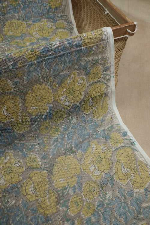 Yellow & Blue Floral Kota Cotton Fabric - 1.6m