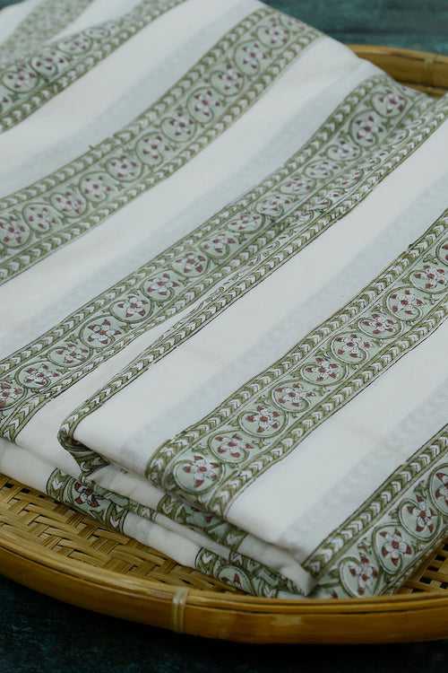 Stripes & Floral Block Printed Sanganeri Cotton Fabric