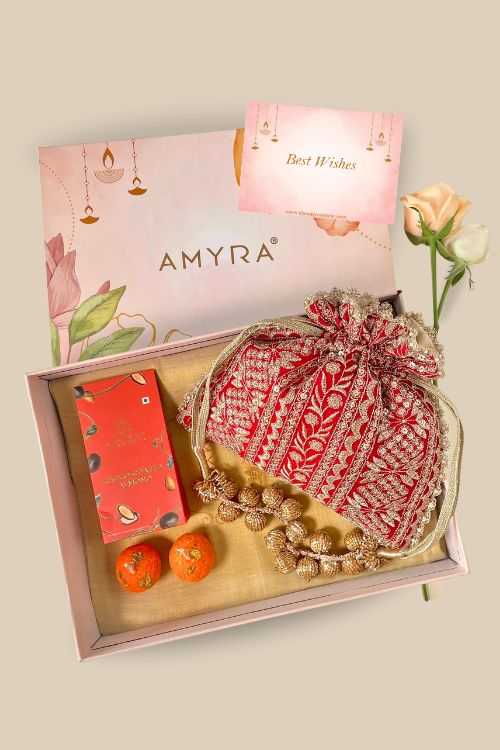Gift hamper - Mirai embroidered red potli - Gourmet & Candle box