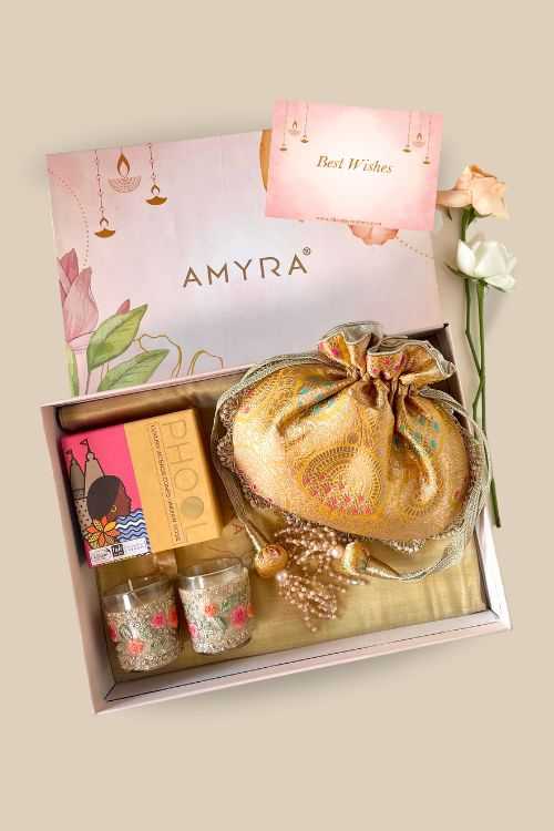 Gift hamper - Kashi yellow banarasi silk potli - Aroma & Floral candle box