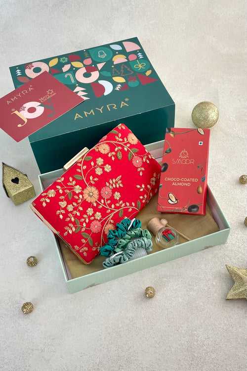 Christmas Hamper - Floral Creeper Red Clutch - Scented & Accessory Box