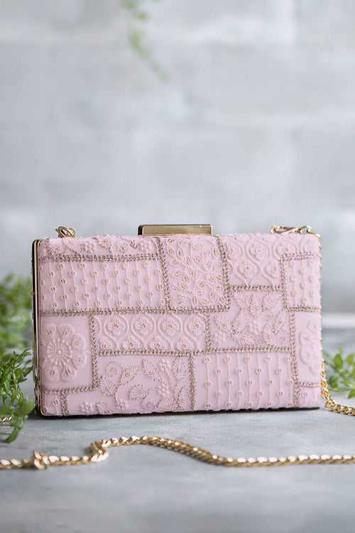 Mosaic Luxe Embroidered Clutch - Baby Pink